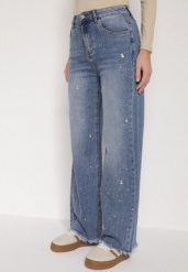 Niebieskie Jeansy z Szerokimi Nogawkami i Wysokim Stanem Zdobione Cyrkoniami Felira. Niebieskie jeansy damskie Born2be, z podwyższonym stanem. Za 129.99 zł.