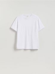 Bawełniany t-shirt boxy - biały. Białe t-shirty męskie Reserved, l, bez wzorów, z bawełny, bez kołnierzyka. Za 79.99 zł.