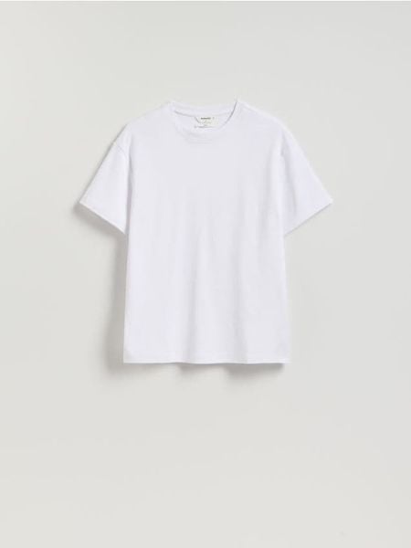 Bawełniany t-shirt boxy - biały. Białe t-shirty męskie Reserved, l, bez wzorów, z bawełny, bez kołnierzyka. Za 79.99 zł.