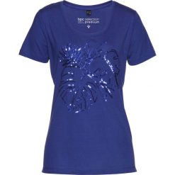 T-shirt z cekinami bonprix szafirowy. Niebieskie bluzki damskie bonprix, bez wzorów, bez kołnierzyka, bez ramiączek. Za 79.99 zł.