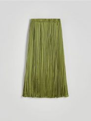 Plisowana spódnica midi - zielony. Zielone spódnice damskie Reserved, l, bez wzorów, z tkaniny, midi. W wyprzedaży za 39.99 zł.