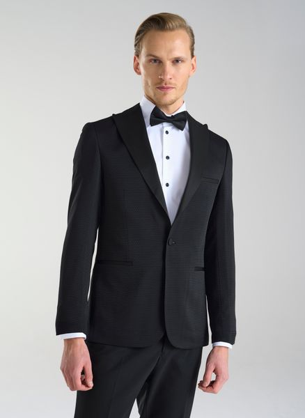 PAKO LORENTE – Czarna marynarka smokingowa w mikrowzór. Czarne marynarki męskie Pako Lorente, bez wzorów, z poliesteru. Za 999.99 zł.