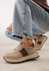 Ciemnobeżowe Zamszowe Sneakersy na Podeszwie Chunky z Perforowaną Cholewką Cezarlina. Brązowe obuwie sportowe damskie Renee, bez wzorów, z jeansu. Za 209.99 zł.