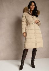 Beżowa Pikowana Kurtka o Długim Kroju z Paskiem i Kapturem z Futrem Aveslia. Brązowe kurtki damskie Renee, l, bez wzorów, z dzianiny. Za 339.99 zł.