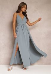 Szara Rozkloszowana Sukienka Maxi na Ramiączkach z Trójkątnym Dekoltem Claudi. Szare sukienki damskie Renee, l, bez wzorów, z tkaniny, eleganckie, bez kołnierzyka, dla wysokich, bez ramiączek, maxi, rozkloszowane. Za 89.99 zł.
