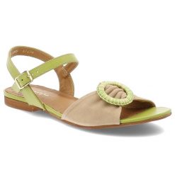 Sandały damskie Maciejka, skórzane na płaskim obcasie z broszką zapinane sprzączką, zielono-beżowe, 06957-09-00-1. Zielone sandały damskie Maciejka, z aplikacjami, z materiału, bez obcasa, na płaskiej podeszwie, bez zapięcia. Za 289.00 zł.