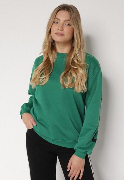 Zielona Ocieplana Bluza z Bawełną i Napisem z Tyłu Fezanda. Zielone bluzy damskie Born2be, l, bez wzorów, z bawełny, bez kaptura. Za 69.99 zł.