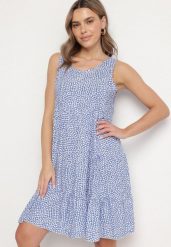 Niebieska Rozkloszowana Bawełniana Sukienka z Falbanami w Kwiaty Zeolane. Niebieskie sukienki dla dziewczynek Born2be, na lato, bez wzorów, z bawełny, eleganckie, bez ramiączek. Za 39.99 zł.