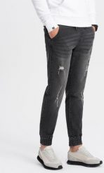 Ombre Męskie spodnie jeansowe JOGGERY z przetarciami - czarne V2 OM-PADJ-0150 XL. Czarne spodnie materiałowe męskie Ombre, m, bez wzorów, z jeansu. Za 99.99 zł.