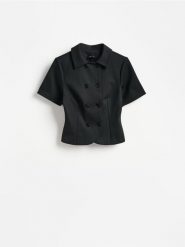 Bluzka z kołnierzykiem - czarny. Czarne bluzki damskie Reserved, l, bez wzorów, z dzianiny, bez kołnierzyka, bez ramiączek. Za 119.99 zł.