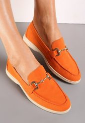 Pomarańczowe Mokasyny na Płaskiej Podeszwie z Przeszyciami i Ozdobną Klamerką Alenor. Brązowe mokasyny damskie Renee, eleganckie. Za 59.99 zł.