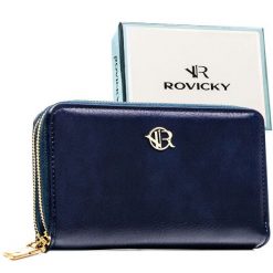Granatowy portfel-piórnik damski ze skóry ekologicznej zamykany suwakiem - Rovicky. Niebieskie portfele damskie ROVICKY, bez wzorów, ze skóry ekologicznej. Za 69.99 zł.
