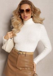 Biały Golf z Dzianiny z Długim Włosem i Dodatkiem Wełny Gerdonna. Białe swetry damskie Renee, na jesień, bez wzorów, z dzianiny, bez kołnierzyka, bez ramiączek, długie, bez kaptura. Za 64.99 zł.