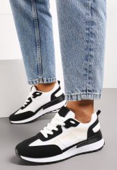 Czarno-Białe Sznurowane Sneakersy z Materiałowymi Wstawkami Aneril. Czarne obuwie sportowe damskie Renee, bez wzorów, z materiału. Za 79.99 zł.
