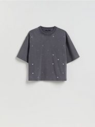 Bawełniany t-shirt z aplikacją - ciemnoszary. Szare t-shirty damskie Reserved, l, z aplikacjami, z bawełny, bez kołnierzyka. Za 79.99 zł.