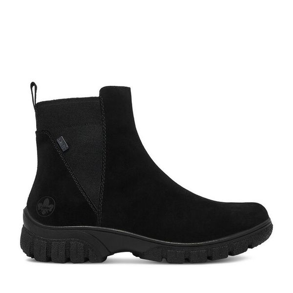 Botki Rieker. Czarne botki damskie Rieker, bez obcasa, na płaskiej podeszwie, bez zapięcia. Za 429.99 zł.