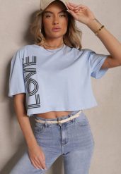 Niebieski T-shirt z Bawełny o Krótkim Kroju Ozdobiony Napisem Sannovia. Niebieskie bluzki damskie Renee, m, bez wzorów, z bawełny, klasyczne, bez kołnierzyka. Za 39.99 zł.