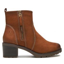 Botki Tamaris. Brązowe botki damskie Tamaris, bez obcasa, na słupku, bez zapięcia. Za 489.99 zł.