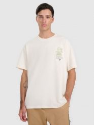 4F T-shirt oversize z nadrukiem męski - biały L. Białe t-shirty męskie 4f, l, bez wzorów, ze skóry, bez kołnierzyka. W wyprzedaży za 69.99 zł.