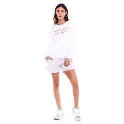 Bluza z ściągacze na co dzień na siłownię. Białe bluzy damskie LEONE 1947 APPAREL, bez wzorów, z bawełny, bez kaptura, na fitness i siłownię. Za 157.88 zł.