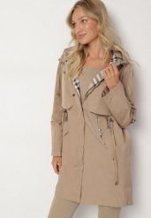 Ciemnobeżowa Kurtka Parka z Kapturem ze Wzorem w Kratę i Podpinanymi Rękawami Gavaria. Brązowe kurtki damskie Born2be, l, bez wzorów, z jeansu, z kapturem. Za 199.99 zł.