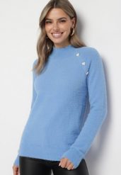 Jasnoniebieski Sweter Półgolf z Guzikami Irisaia. Niebieskie swetry damskie Born2be, m, bez wzorów, z jeansu, eleganckie, bez kołnierzyka, bez ramiączek, bez kaptura. Za 64.99 zł.
