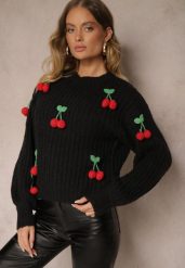 Czarny Sweter ze Ściągaczami w Wisienki Ventinnia. Czarne swetry damskie Renee, na jesień, m, bez wzorów, z jeansu, casualowe, bez kołnierzyka, bez ramiączek, bez kaptura. Za 159.99 zł.