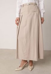 Beżowa Wiskozowa Spódnica o Rozkloszowanym Kroju z Plisami i Paskiem Rolea. Brązowe spódnice damskie Born2be, l, bez wzorów, z wiskozy, eleganckie, maxi, rozkloszowane. Za 119.99 zł.