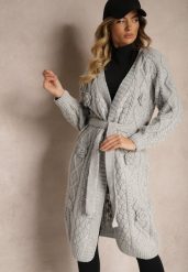 Szary Kardigan Bez Zapięć z Wełną i Wiskozą o Tłoczonym Splocie z Wiązanym Paskiem Vaimella. Szare kardigany damskie Renee, na zimę, l, bez wzorów, z wełny, bez kołnierzyka, bez ramiączek, bez kaptura. Za 119.99 zł.