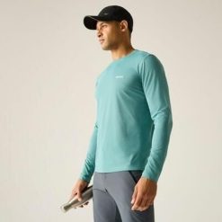 Męska koszulka z długim rękawem Mindo Anti-Insect z siateczki. Niebieskie koszulki sportowe męskie Regatta, m, bez wzorów, z poliesteru, bez kołnierzyka, bez ramiączek, trekkingowe. Za 99.99 zł.
