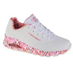 Buty do chodzenia damskie, Skechers Uno-Loving Love. Białe obuwie sportowe damskie Skechers, bez wzorów, z materiału, trekkingowe. Za 319.99 zł.