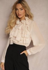 Beżowa Prześwitująca Koszula z Falbankami i Kwiatowym Zdobieniem przy Dekolcie Raivona. Brązowe bluzki damskie Renee, m, z aplikacjami, z jeansu, eleganckie, bez kołnierzyka, bez ramiączek. Za 139.99 zł.