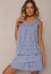 Jasnoniebieska Ażurowa Bluzka Top z Bawełny Bez Rękawów Aalnea. Niebieskie koszule damskie Renee, l, w ażurowe wzory, z bawełny, eleganckie, bez kołnierzyka, bez ramiączek. Za 39.99 zł.