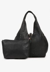 Czarna Ażurowa Torebka Hobo z Dodatkową Saszetką Frosira. Czarne torebki do ręki damskie Born2be, z aplikacjami, z jeansu, eleganckie, zdobione, bez dodatków. Za 109.99 zł.