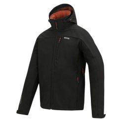 Męska wodoodporna kurtka softshell Arana z kapturem. Czarne kurtki sportowe męskie Regatta, m, bez wzorów, z elastanu, trekkingowe. Za 329.99 zł.