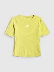 4F Koszulka treningowa slim szybkoschnąca damska - zielona L. Zielone koszulki sportowe damskie 4f, l, bez wzorów, z materiału, bez kołnierzyka. Za 119.99 zł.