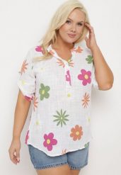 Biała Koszula z Lnu i Bawełny w Kwiaty z Krótkim Rękawem Ambubia. Białe bluzki damskie Born2be, na lato, plus size, bez wzorów, z bawełny, bez kołnierzyka, plus size, bez ramiączek. Za 79.99 zł.