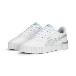 Buty do chodzenia Puma CARINA 2.0 MERMAID JR. Białe obuwie sportowe damskie Puma, bez wzorów, z materiału, trekkingowe. Za 239.99 zł.