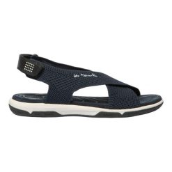 Sandały damskie TBS Jazzfit. Niebieskie sandały damskie TBS, bez wzorów, z materiału, bez obcasa, bez zapięcia. Za 328.20 zł.