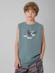 4F Koszulka bez rękawów regular z nadrukiem chłopięca - turkusowa 122 (6-7 lat). Niebieskie t-shirty dla chłopców 4f, bez wzorów, z bawełny, bez ramiączek. Za 39.99 zł.