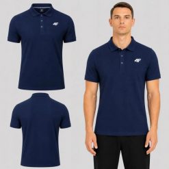 KOSZULKA MĘSKA POLO 4F SPORTOWA BAWEŁNIANA GRANATOWA M0771 SS26. Niebieskie koszulki polo męskie 4f, l, bez wzorów, z bawełny, bez kołnierzyka, bez ramiączek, na fitness i siłownię. Za 89.99 zł.