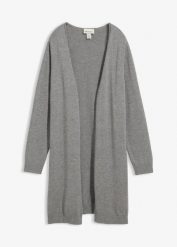 Długi sweter rozpinany z wywiniętym brzegiem. Szare kardigany damskie bonprix, bez wzorów, długie. Za 109.99 zł.