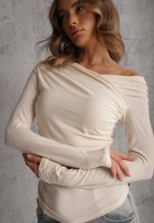 Beżowy Marszczona Bluzka z Bawełną i Dekoltem w Łódkę Orinlia. Brązowe koszule damskie Renee, l, bez wzorów, z bawełny, eleganckie, bez kołnierzyka, bez ramiączek. Za 99.99 zł.