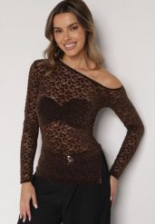 Brązowa Koronkowa Bluzka z Długim Rękawem i Asymetrycznym Dekoltem Liwedara. Brązowe bluzki damskie Born2be, l, bez wzorów, z jeansu, eleganckie, z asymetrycznym kołnierzem, bez ramiączek. Za 99.99 zł.