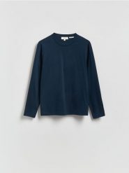 Longsleeve z merceryzowanej bawełny - granatowy. Niebieskie bluzki z długim rękawem męskie Reserved, l, bez wzorów, z bawełny, bez kołnierzyka. Za 129.99 zł.