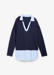 Sweter z cienkiej dzianiny z koszulową wstawką. Niebieskie swetry damskie bonprix, bez wzorów, z dzianiny, bez kołnierzyka, bez ramiączek, bez kaptura. Za 99.99 zł.