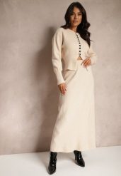 Jasnobeżowy Komplet z Dzianiny z Wełną Kardigan z Guzikami i Spódnica z Gumką w Talii Melzina. Brązowe kardigany damskie Renee, bez wzorów, z dzianiny, eleganckie, dopasowane. Za 149.99 zł.
