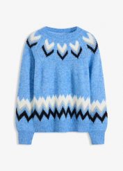 Sweter w norweski wzór, z zygzakowatymi paskami. Niebieskie swetry damskie bonprix, bez wzorów, bez kołnierzyka, bez ramiączek, bez kaptura. Za 139.99 zł.