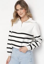 Biało-Czarny Golf Sweter Zapinany na Suwak w Paski Sakine. Białe swetry damskie Born2be, m, bez wzorów, bez kołnierzyka, bez ramiączek, bez kaptura. Za 119.99 zł.