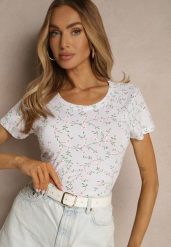 Biały Bawełniany T-shirt z Kwiatowym Wzorem Savioraie. Białe bluzki damskie Renee, l, bez wzorów, z bawełny, klasyczne, bez kołnierzyka. Za 29.99 zł.
